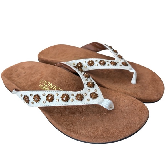 Vionic Orthaheel Floriana Thong Sandals Size 9 WIDE White Leather Embellished - Picture 1 of 16